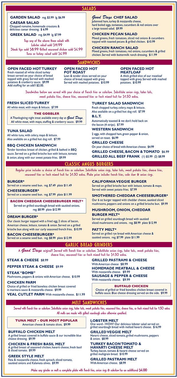 Our Menu, Good Days Restaurant, West Bridgewater, Massachusetts